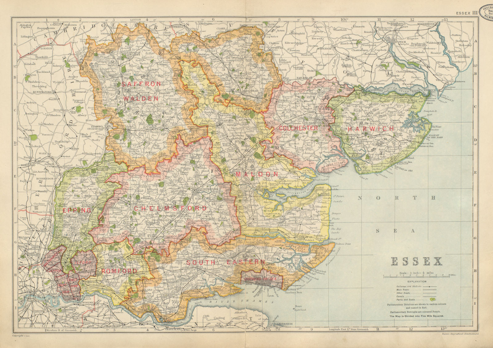 ESSEX. Showing Parliamentary divisions, parks & boroughs. BACON 1934 old map